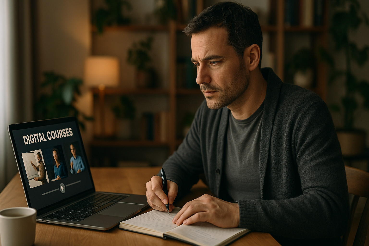 Middle-aged man learning digital skills online to upskill for remote work