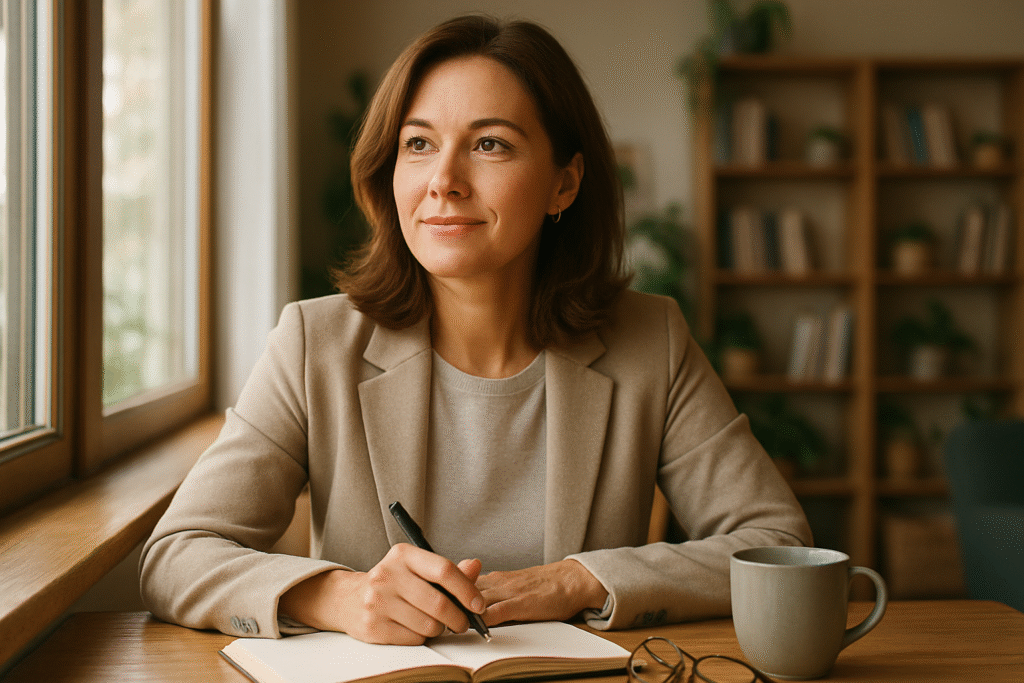 Thoughtful middle-aged woman journaling by the window, reflecting on a midlife career shift